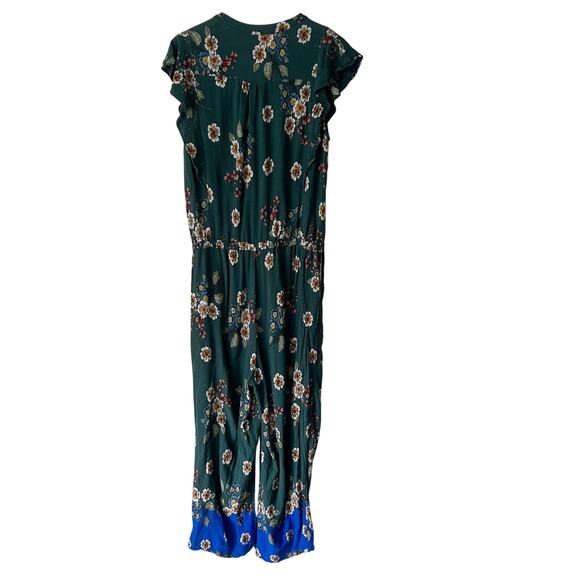 Democracy Jumpsuit Size L Floral Drawstring Waist Pants Green Romper Button Up - Picture 2 of 9